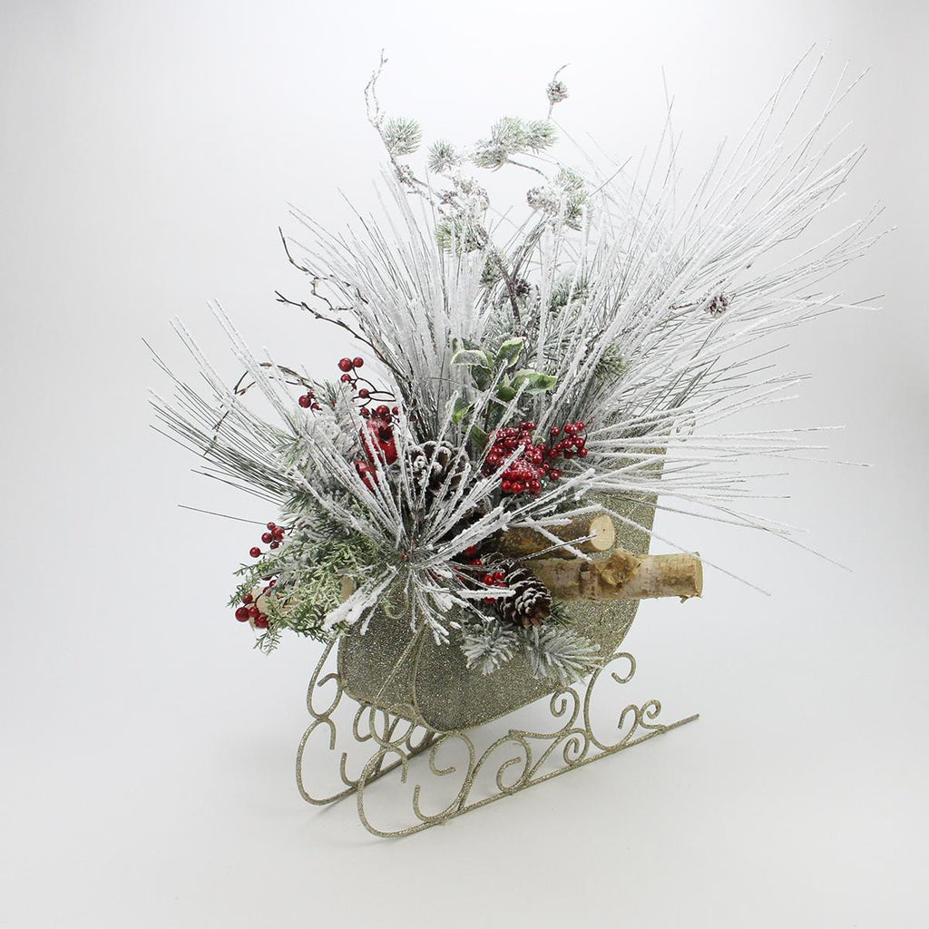 31" Gold Glitter Sleigh Christmas Decoration with Snow Covered Birch, Pine Cones and Red Berries