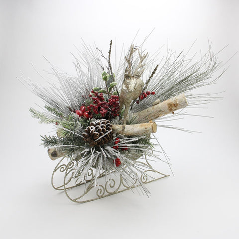 33" Gold Glitter Sleigh Christmas Decoration with Birch, Frosted Pine Cones, Berries and Reindeer