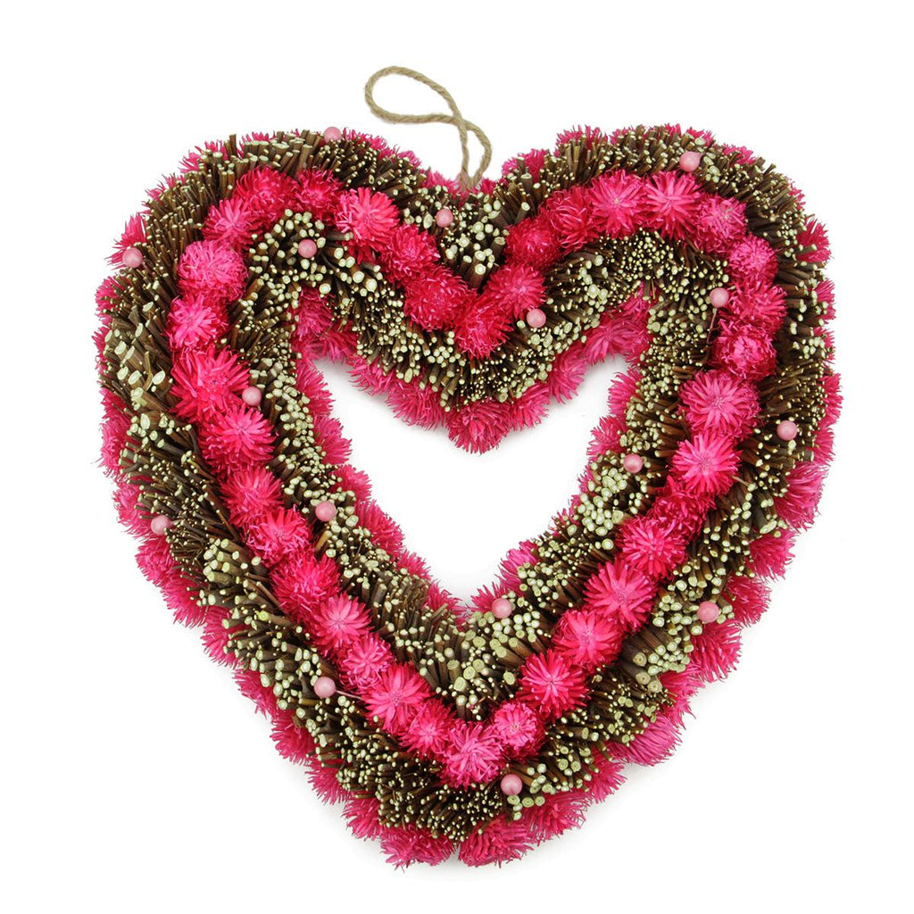 13.5" Pink Flowers, Berries and Twig Heart-Shaped Artificial Spring Floral Wreath