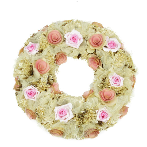 12.5" Pink and Cream Flowers, Ribbons and Twig Artificial Spring Floral Wreath