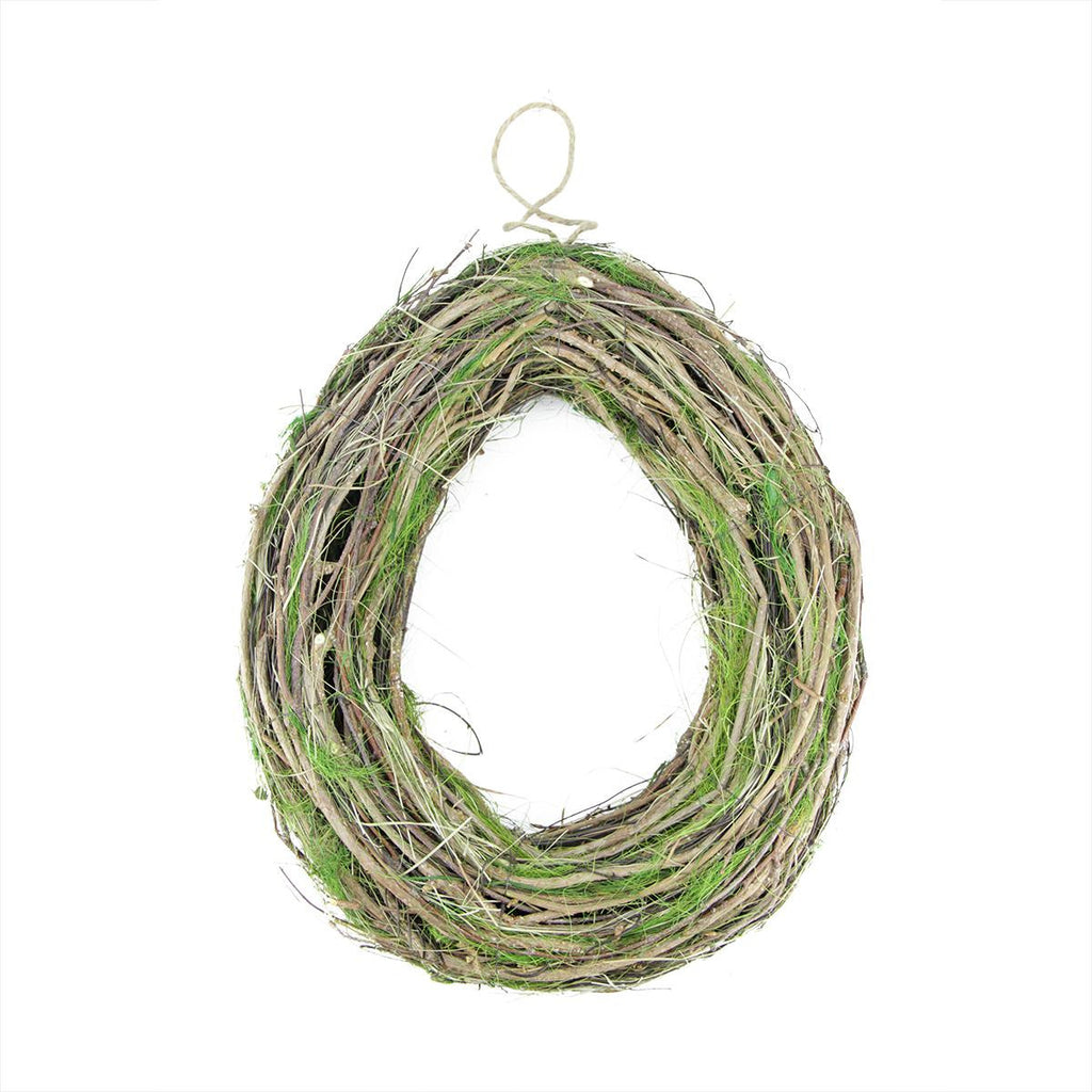 15.5" Brown Grapevine, Twig and Green Moss Egg-Shaped Artificial Spring Wreath