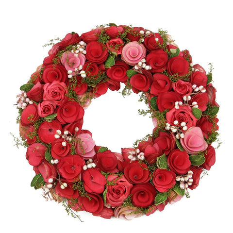 12.5" Red and Pink Flowers, Green Leaves and White Berries Artificial Spring Floral Wreath