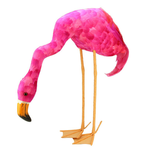 27.5" Standing Hot Pink Feathered Flamingo with Head Down Decoration