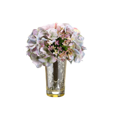 10" Artificial Rose and Hydrangea Silk Flower Spring Floral Arrangement in Mercury Glass Jar