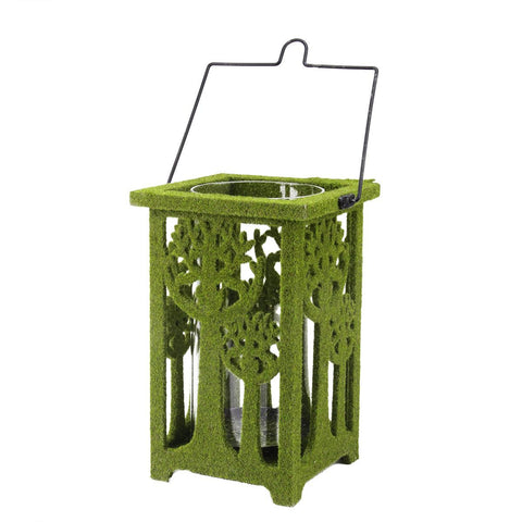 13.75" Green Moss Covered Tree Cut-Out Pillar Candle Lantern