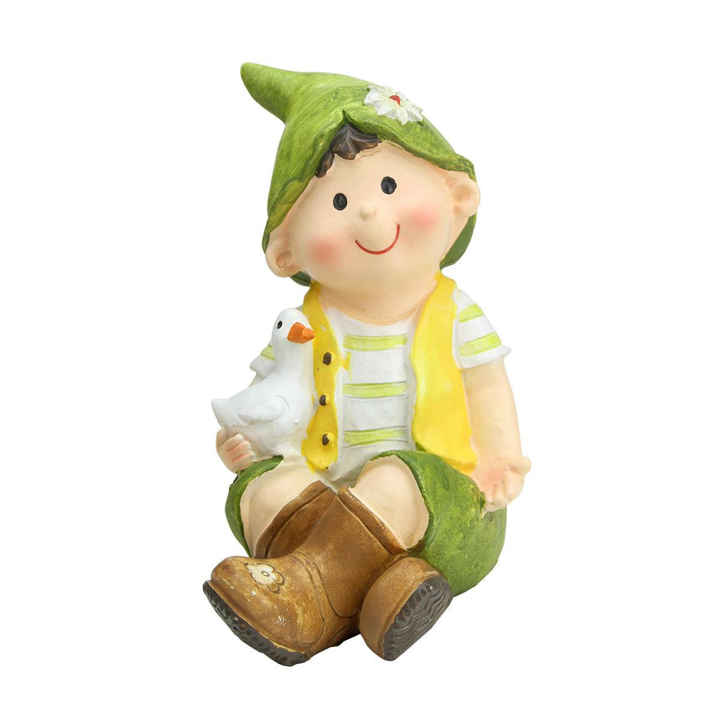 7" Young Boy Gnome Sitting with Duck Spring Outdoor Garden Patio Figure