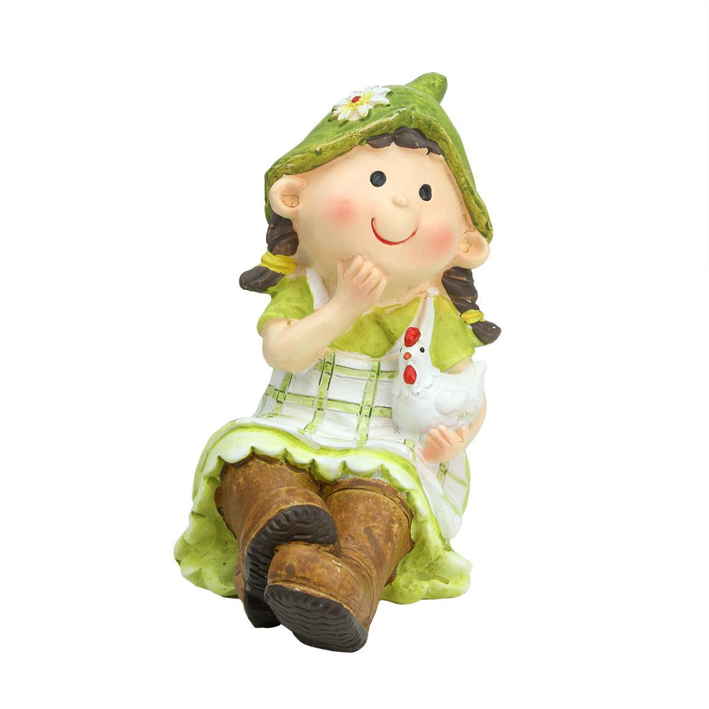 6.25" Young Girl Gnome Sitting with Chicken Spring Outdoor Garden Patio Figure