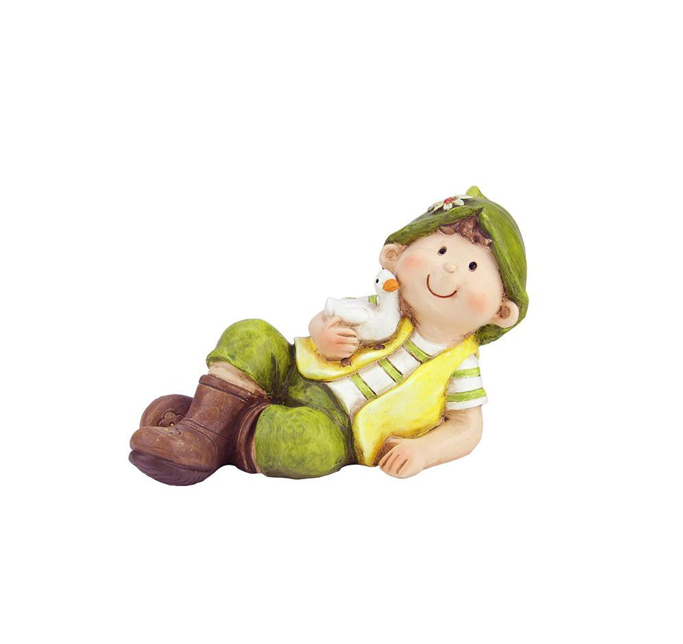 7.5" Young Boy Gnome Laying with Duck Spring Outdoor Garden Patio Figure