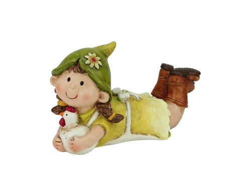 8" Young Girl Gnome Lounging with Chicken Spring Outdoor Garden Patio Figure