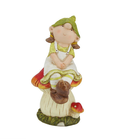 11" Young Girl Gnome Sitting on a Mushroom Spring Outdoor Garden Patio Figure