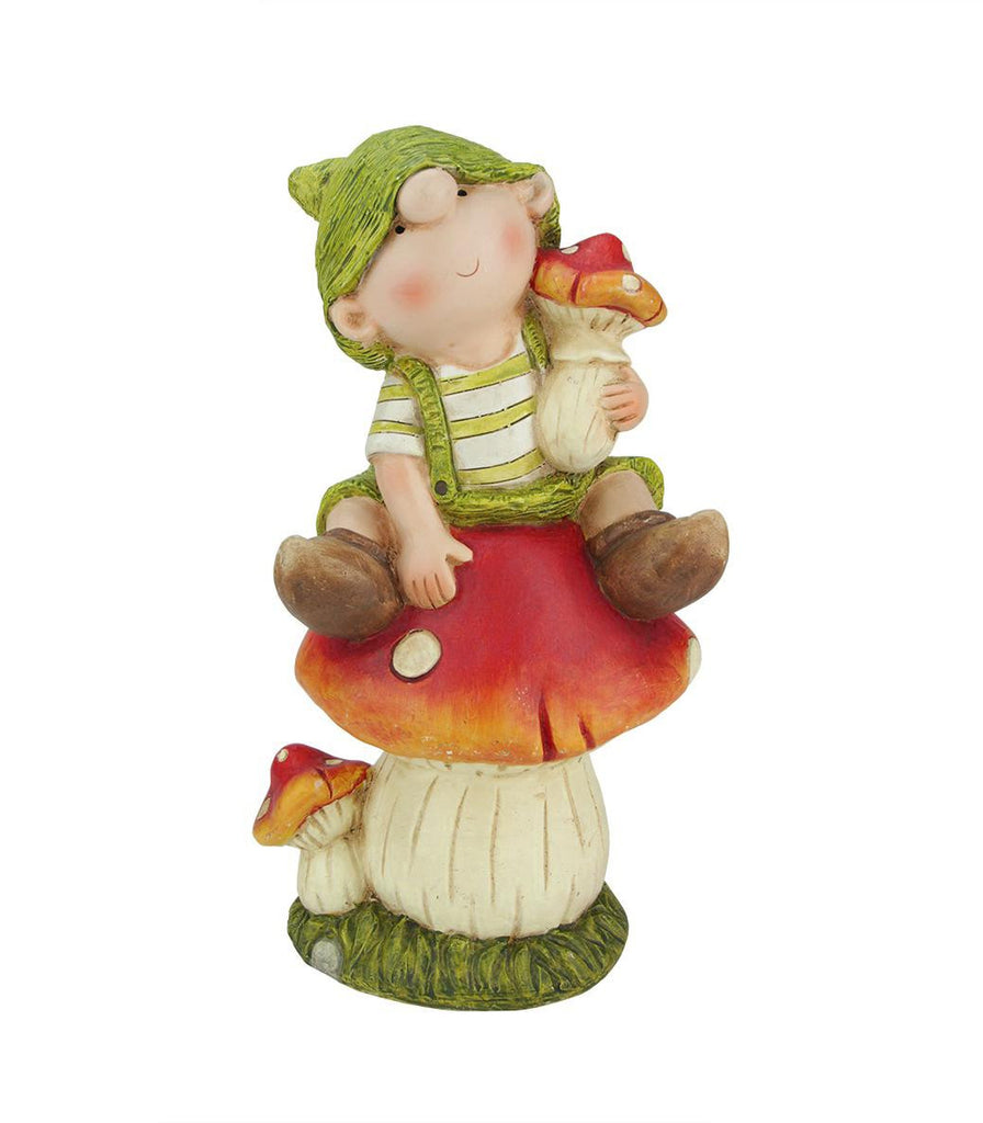 11" Young Boy Gnome Sitting on a Mushroom Spring Outdoor Garden Patio Figure