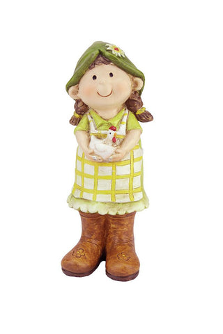 9.75" Young Girl Gnome Standing with Chicken Spring Outdoor Garden Patio Figure