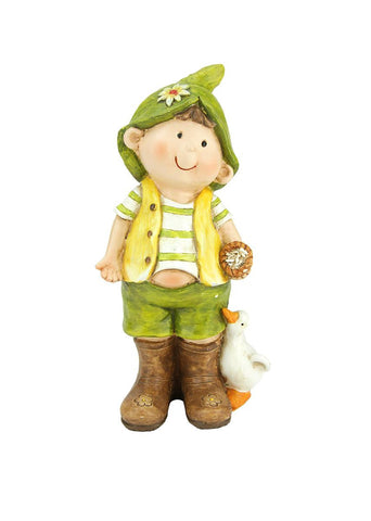 9.75" Young Boy Gnome Standing with Duck Spring Outdoor Garden Patio Figure