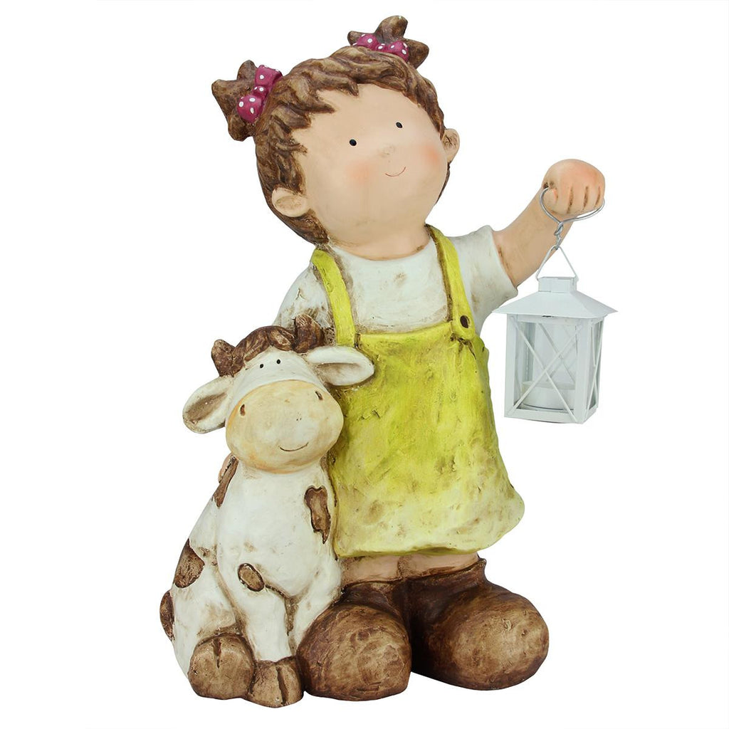 17.5" Young Girl Gnome with Cow and Lantern Outdoor Garden Patio Figure