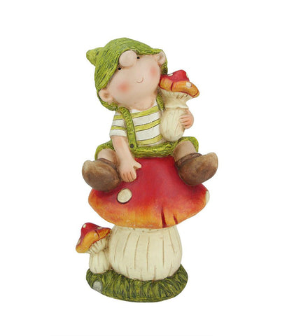 19.75" Young Boy Gnome Sitting on a Mushroom Spring Outdoor Garden Patio Figure