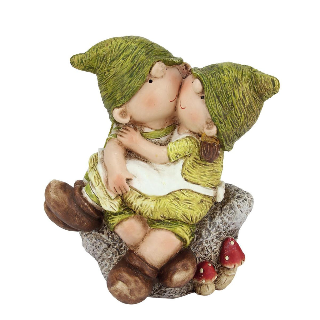 15" Young Boy and Girl Gnome's Sitting on a Stone Spring Outdoor Garden Patio Figure