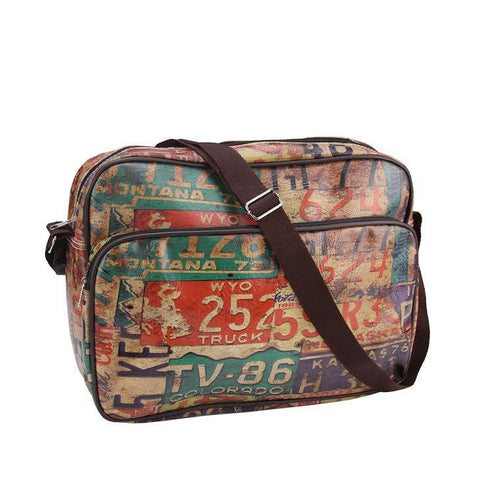 15" Decorative Vintage-Style License Plate Design Crossbody Bag-Purse with Strap