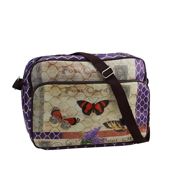 15" Decorative Vintage Style Purple Butterfly Garden Design Crossbody Bag-Purse with Strap