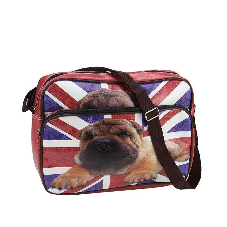 15" Decorative British Flag and Pug Crossbody Bag-Purse with Strap