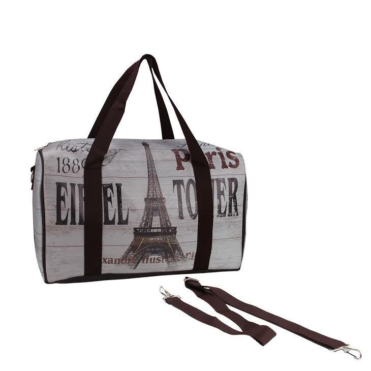 16" Gray Vintage-Style Eiffel Tower French Theme Travel Bag with Handles and Crossbody Strap