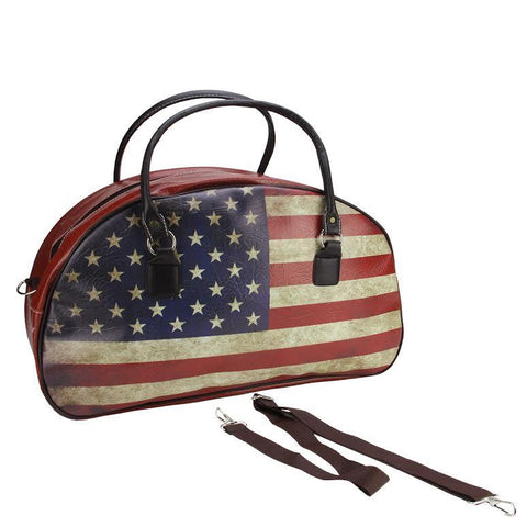 20" Decorative Vintage-Style American Flag Travel Bag with Handles and Shoulder Strap