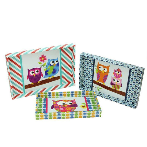 Set of 3 Multicolored Decorative Vintage-Style Owl Wooden Rectangular Serving Trays