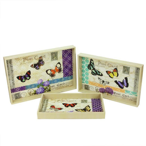 Set of 3 Decorative Vintage-Style Butterfly Wooden Rectangular Serving Trays