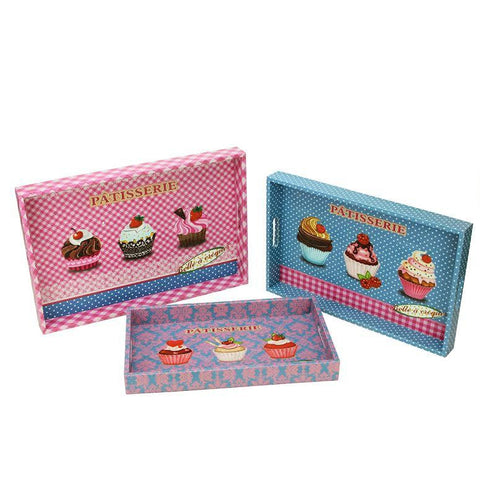 Set of 3 Decorative Pink and Blue Patisserie and Cupcakes Wooden Rectangular Serving Trays