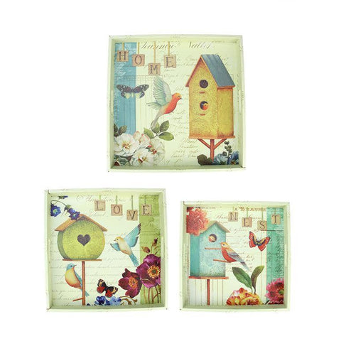 Set of 3 Decorative Birdhouse Garden Theme Square Wooden Serving Trays