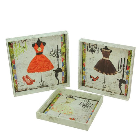 Set of 3 Decorative Vintage-Style Fashion and Dresses Square Wooden Serving Trays