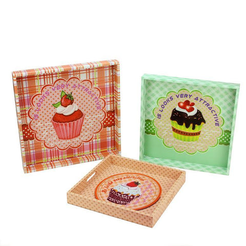 Set of 3 Decorative Multicolored Cupcake Theme Square Wooden Serving Trays