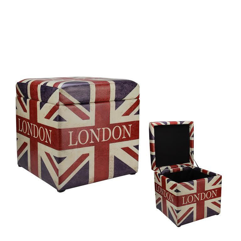 14.5" Rustic "London" British Flag Decorative Square Storage Ottoman