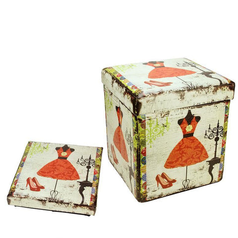 15" Decorative Vintage Dress and Fashion Collapsible Wooden Storage Ottoman