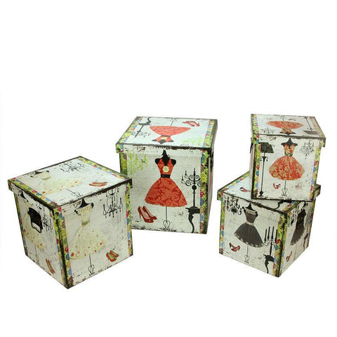 Set of 4 Wooden Vintage-Style Fashion Dresses Decorative Storage Boxes 8-14"