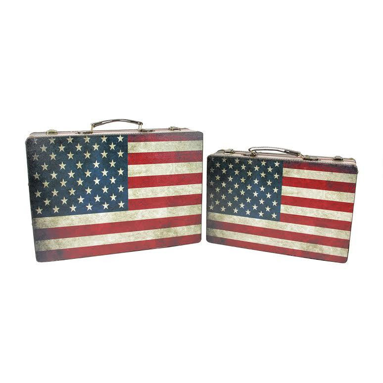 Set of 2 Rustic American Flag Rectangular Wooden Decorative Storage Boxes 14.5-17"