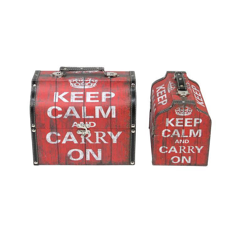 Set of 2 Red and White Keep Calm and Carry On Decorative Wooden Storage Boxes 10.25-11.75"