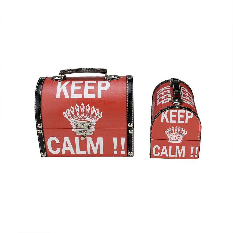 Set of 2 Red and White Keep Calm!! Decorative Wooden Storage Boxes 7.25-8.75"