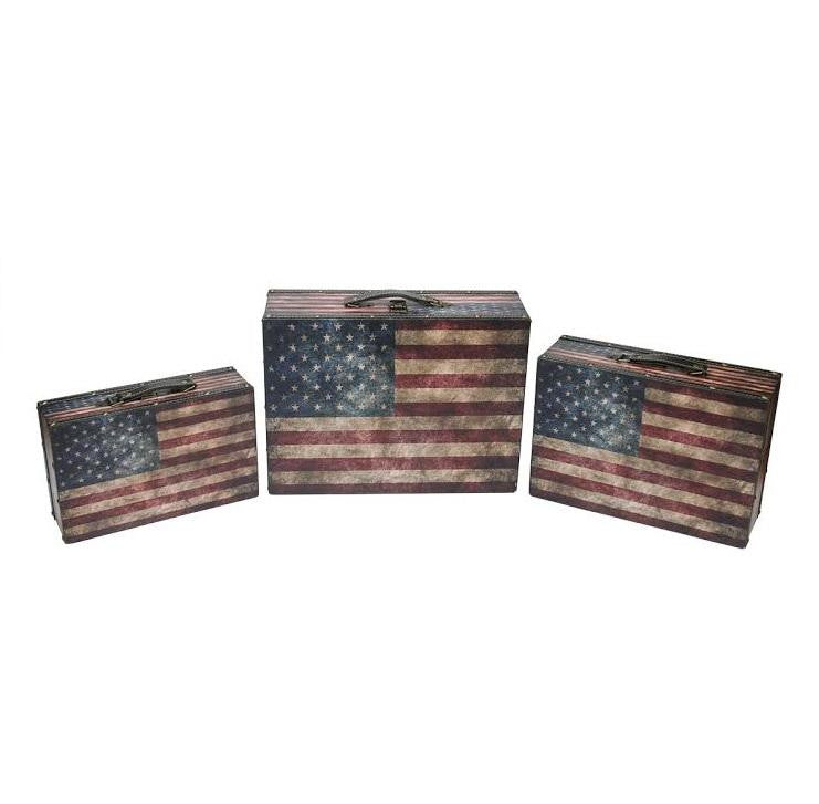 Set of 3 Rustic American Flag Decorative Wooden Storage Boxes 16"