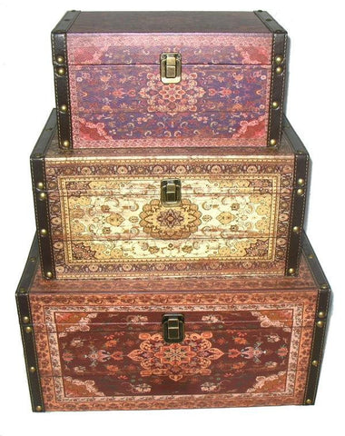 Set of 3 Oriental-Style Red, Brown and Cream Earth Tones Decorative Wooden Storage Boxes 17.25"