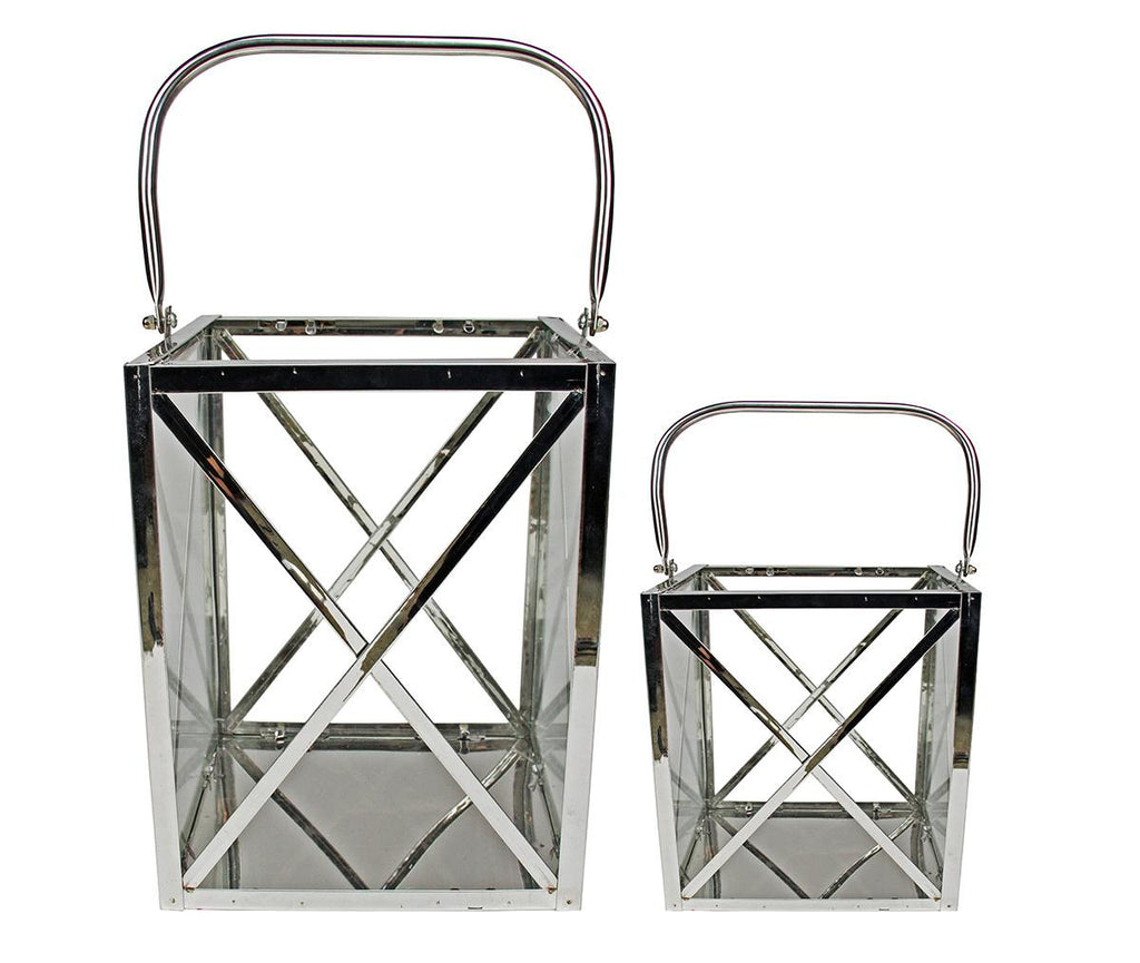 Set of 2 Modern Elegance Metal and Glass Cube Candle Lanterns 8.5"