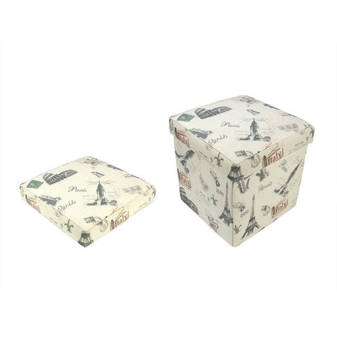 12" Decorative Vintage-Style Italy Travel Inspired Collapsible Square Storage Ottoman