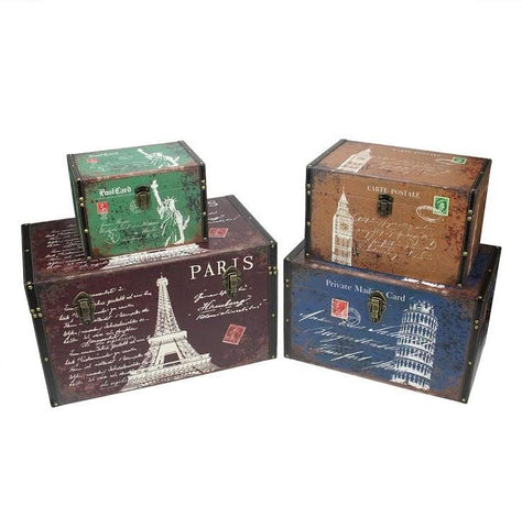 Set of 4 Vintage-Style Travel Themed Decorative Wooden Storage Boxes 23.5"