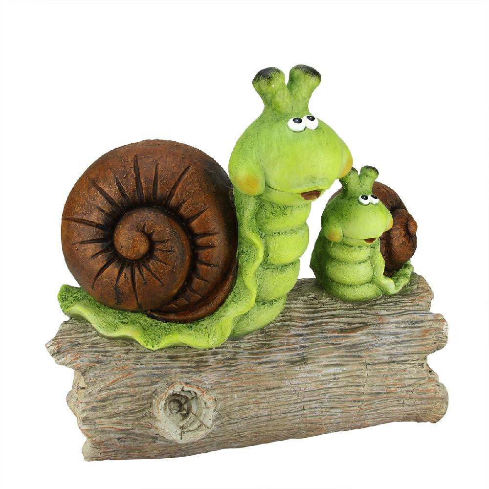 15.25" Green and Brown Snails on a Stump Spring Outdoor Patio Garden Statue