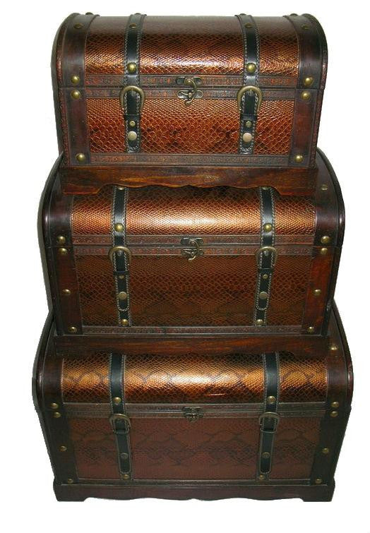 Set of 3 Decorative Antique Brown Wood and Faux Snakeskin Storage Boxes 22.5"