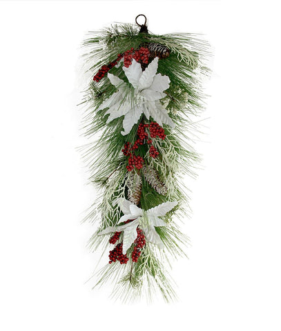 32" Mixed Long Needle Pine with Berries and Poinsettia's Artificial Christmas Teardrop Swag - Unlit