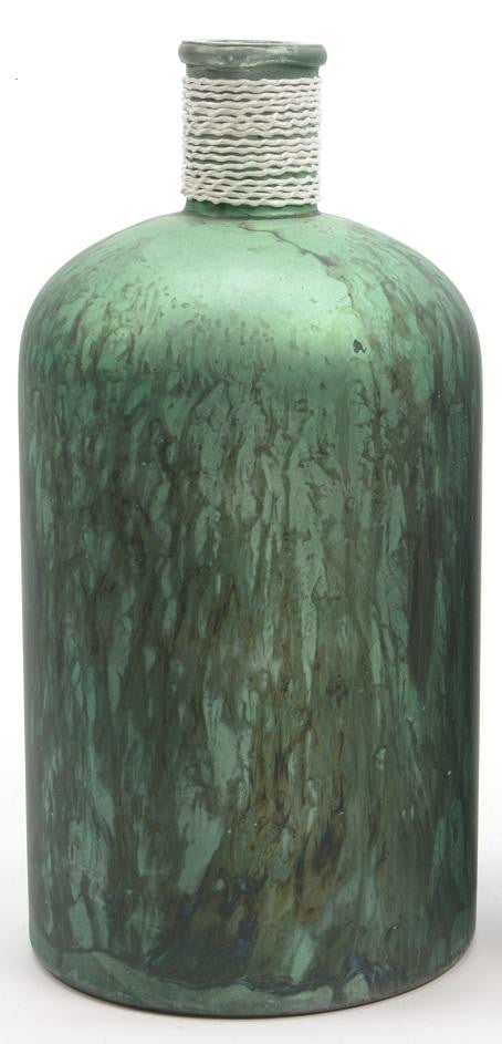 10" Botanic Beauty Handcrafted Green Verdigris Style Decorative Glass Vase with Raffia Band