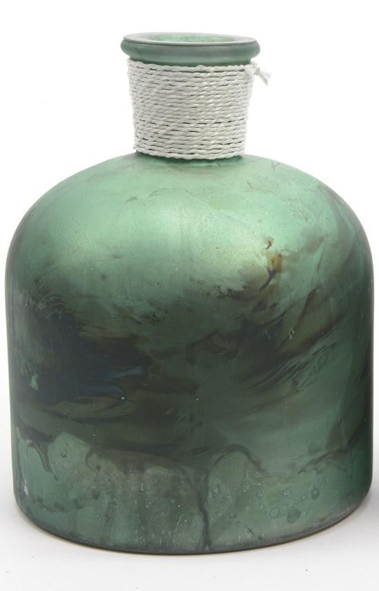 6.75" Botanic Beauty Handcrafted Green Verdigris Style Decorative Glass Vase with Raffia Band