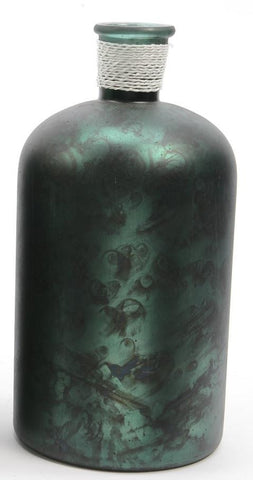 10" Botanic Beauty Handcrafted Dark Green Verdigris Style Decorative Glass Vase with Raffia Band