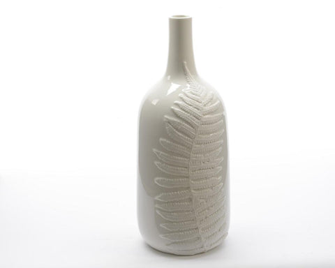 14.25" Botanic Beauty White Porcelain Flower Vase with Fern Leaf Relief