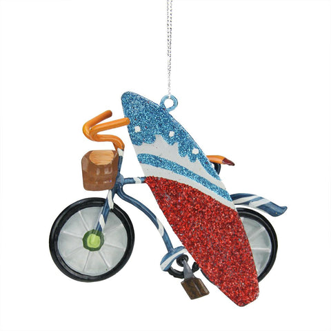 4.5" Blue and White Striped Bicycle with Blue and Red Surfboard Christmas Ornament